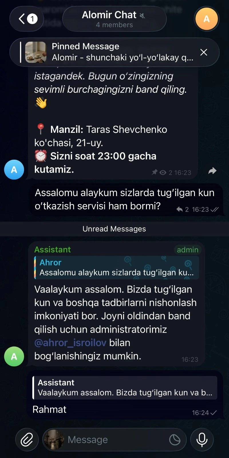 Zyrak Telegram chatda mijozga javob bermoqda